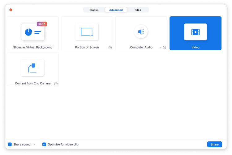 zoom share > advanced: video