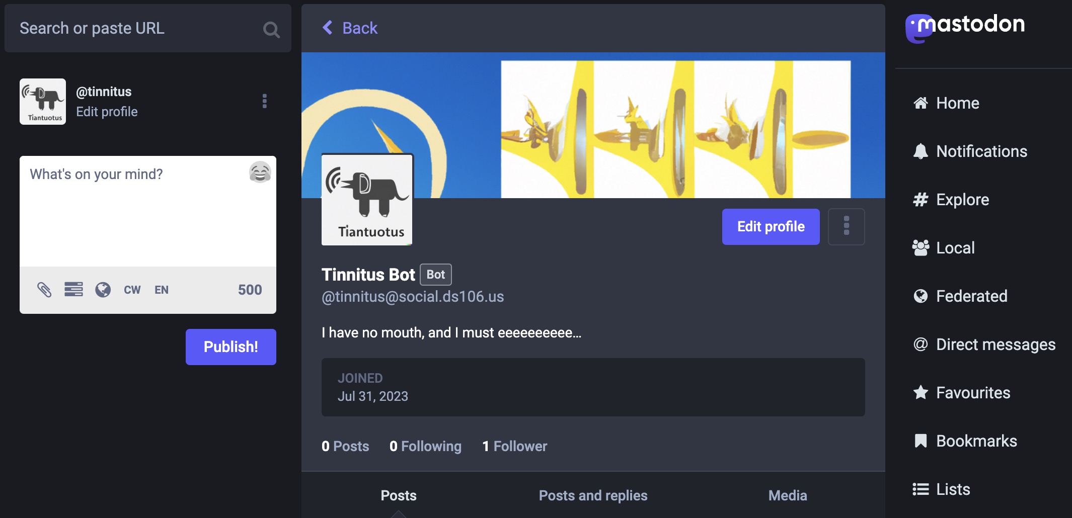 screenshot of the Mastodon profile for Tinnutus Bot