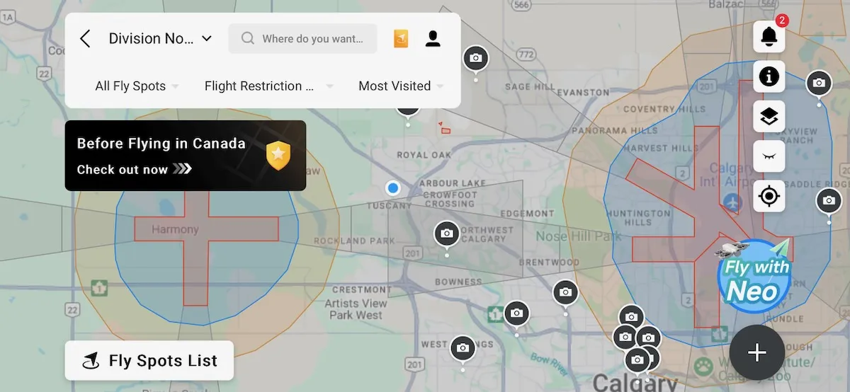 Screenshot of DJI Fly interface, showing flight restrictions in Calgary