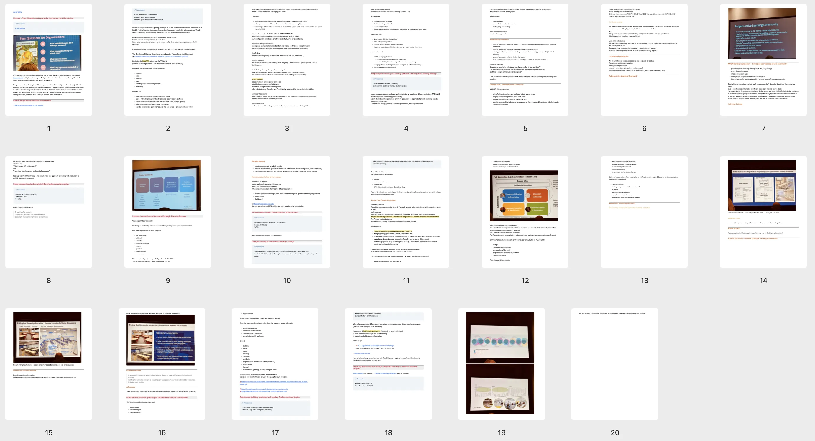 screenshot of thumbnails of 20 pages of notes from SCUP