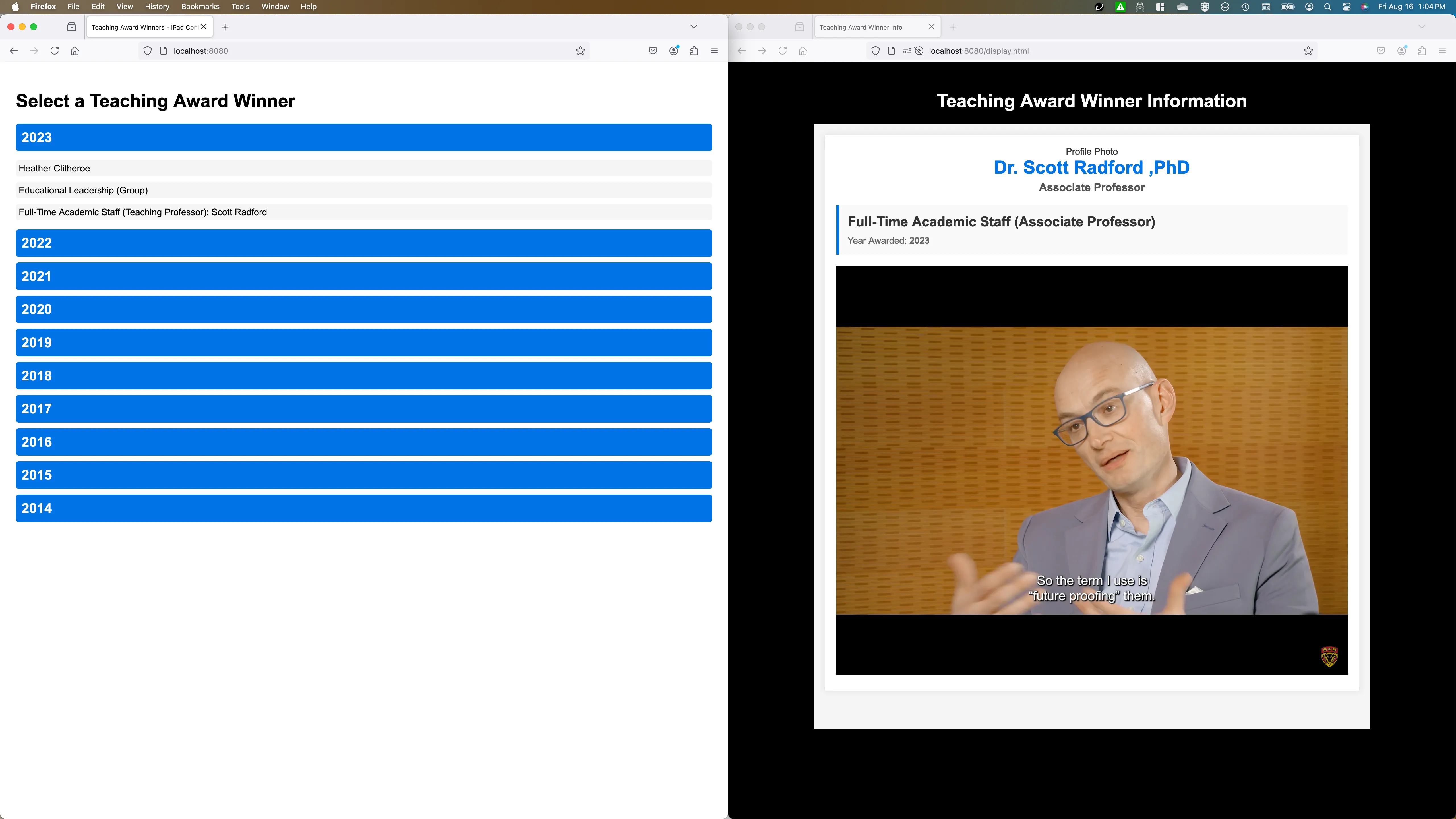 mockup of an interactive Teaching Awards display