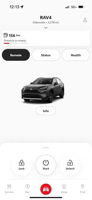 The remote control interface of the Toyota app, with buttons to start/stop the engine, lock/unlock doors, etc.