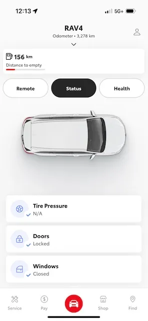 The vehicle status display of the Toyota app, with tire pressure etc. visible.