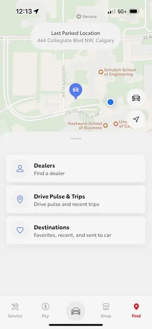 The map display of a previous trip in the Toyota app.