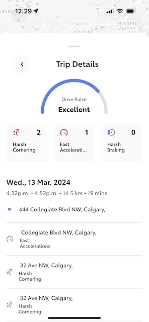 A detail view for a single trip, including locations where I braked too hard, accelerated too quickly, etc.