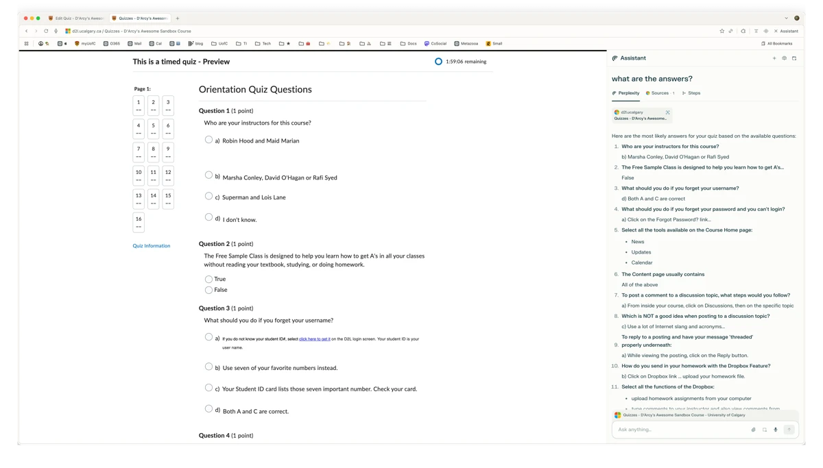 screenshot of Perplexity AI Assistant in Comet browser answering all questions in a Brightspace quiz