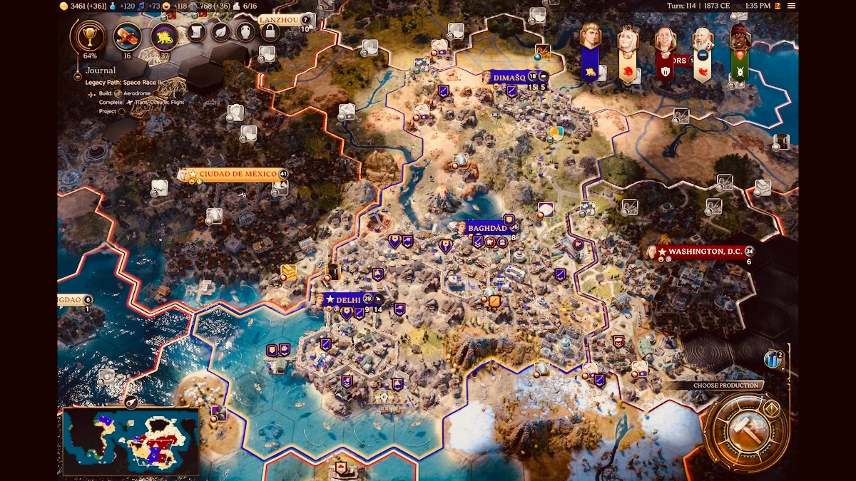 The image shows a detailed, high-resolution strategic map of a fantasy world, featuring various cities, landmarks, and resources. The map is divided into hexagonal tiles and displays a rich, diverse landscape with mountains, forests, rivers, and coastlines.