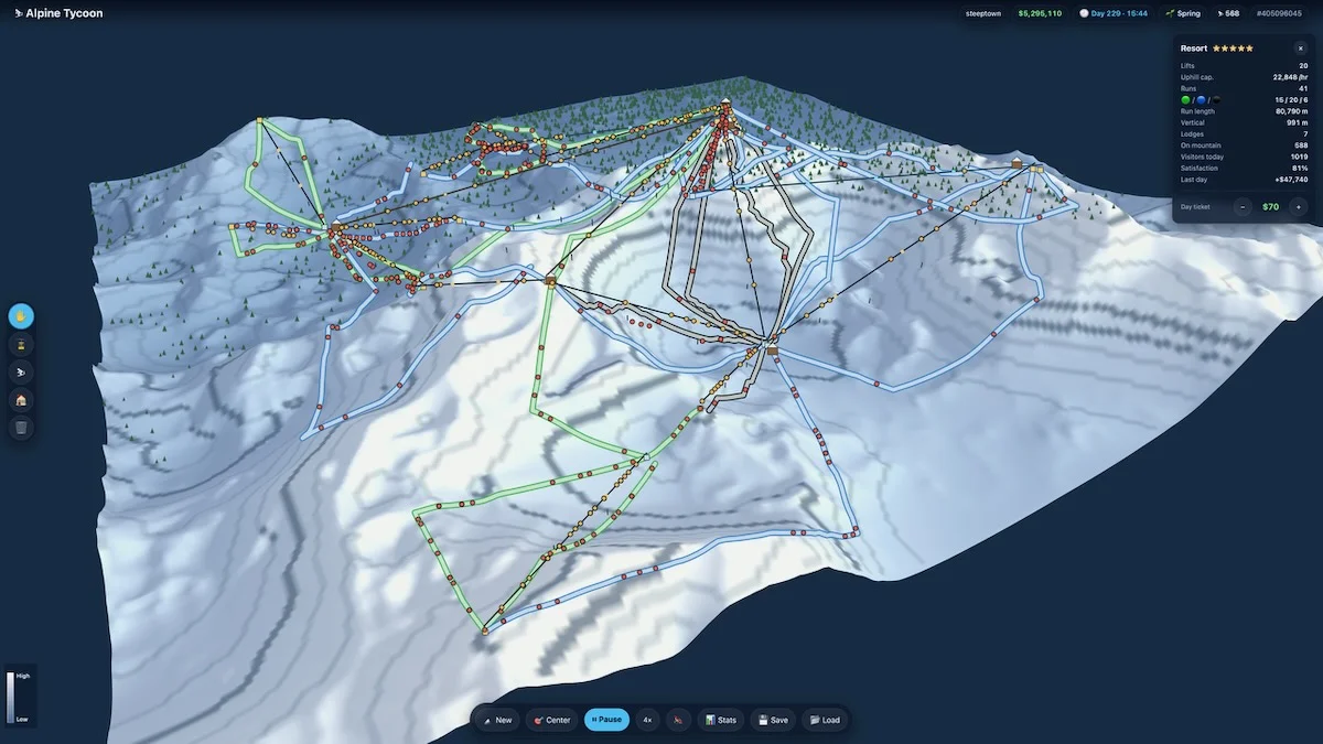 Ullr Tycoon ski resort map interface showing a 3D topographical view of ski slopes, lift systems, and mountain terrain with various coloured trail routes and resort statistics displayed on the right panel.