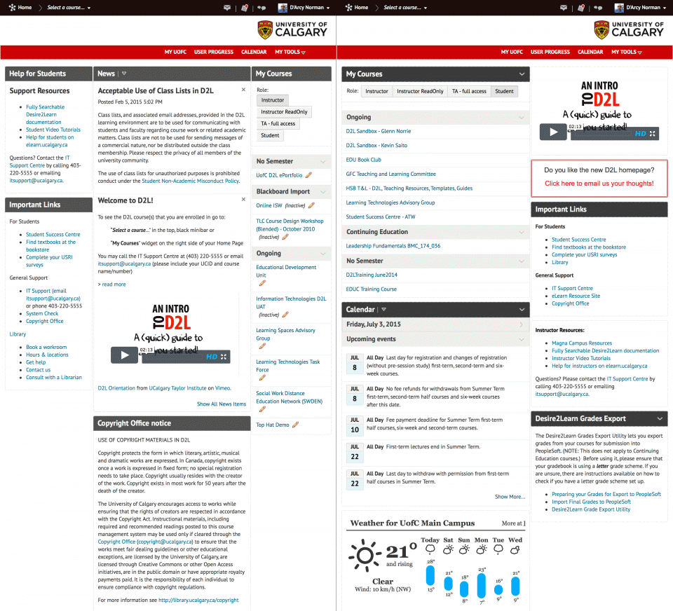 D2L homepage, comparing old crappy version and awesome new version.